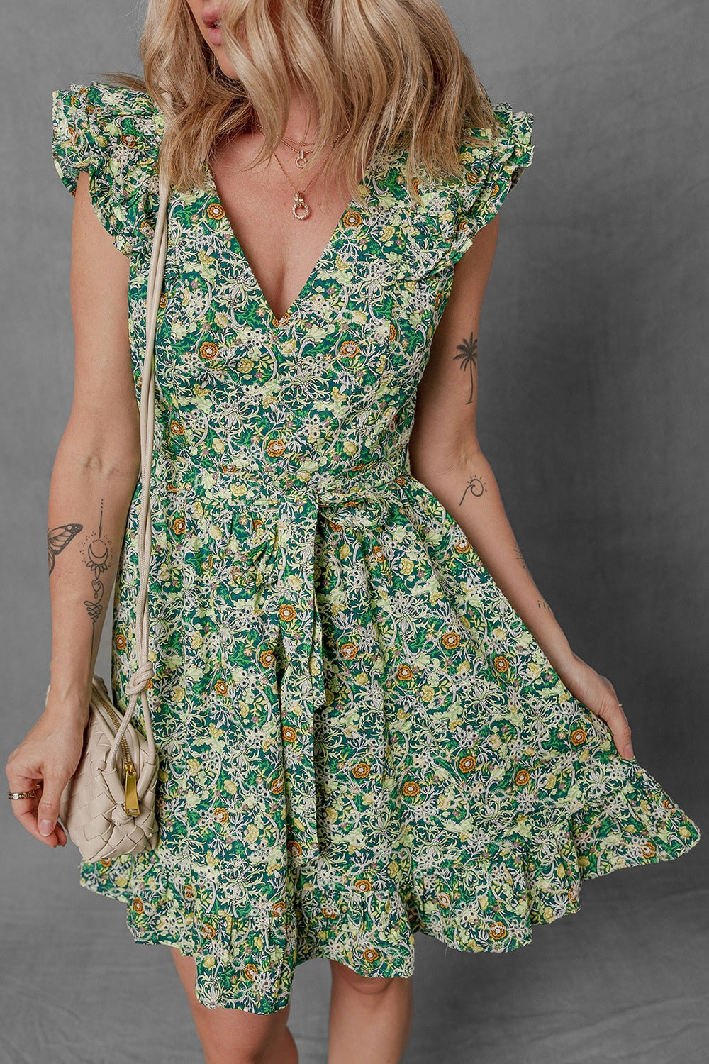 Green Floral V-Neck Ruffle Sleeve Tie Waist Mini Dress  Thursdays Blonde
